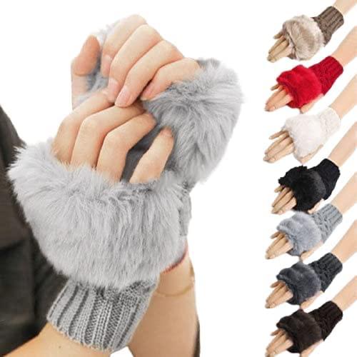 Plush Winter Gloves FRCOLOR Fingerless Plush Gloves - Women's Warm Imitation Rabbit Fur Half Finger Gloves Grey Fingerless Gloves Women